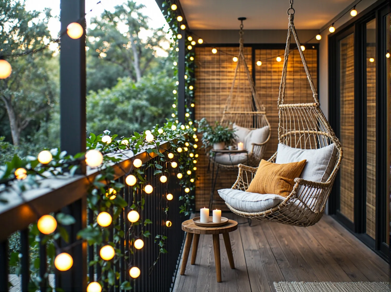 Nastrojowe oświetlenie balkonu lampkami LED kule podczas letniego wieczoru, makramy na ścianie.