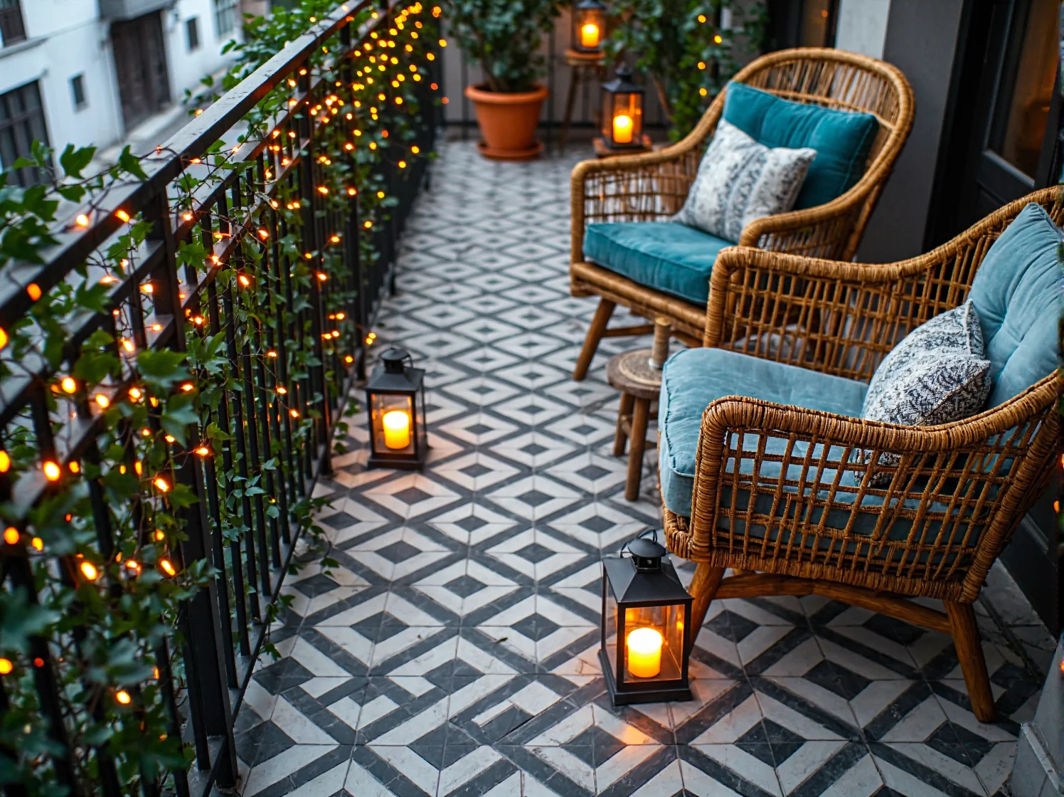 Aranżacja małego balkonu retro z wygodnym fotelem i wiszącymi lampionami