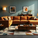 Narożnik tapicerowany rudy w stylu retro na drewnianych nóżkach