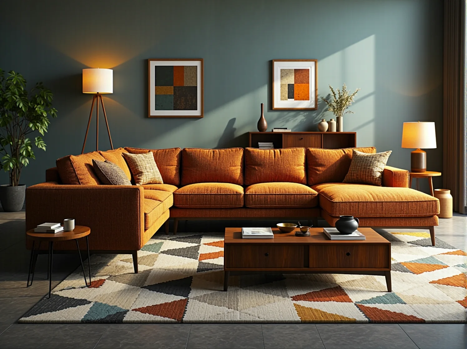 Narożnik tapicerowany rudy w stylu retro na drewnianych nóżkach