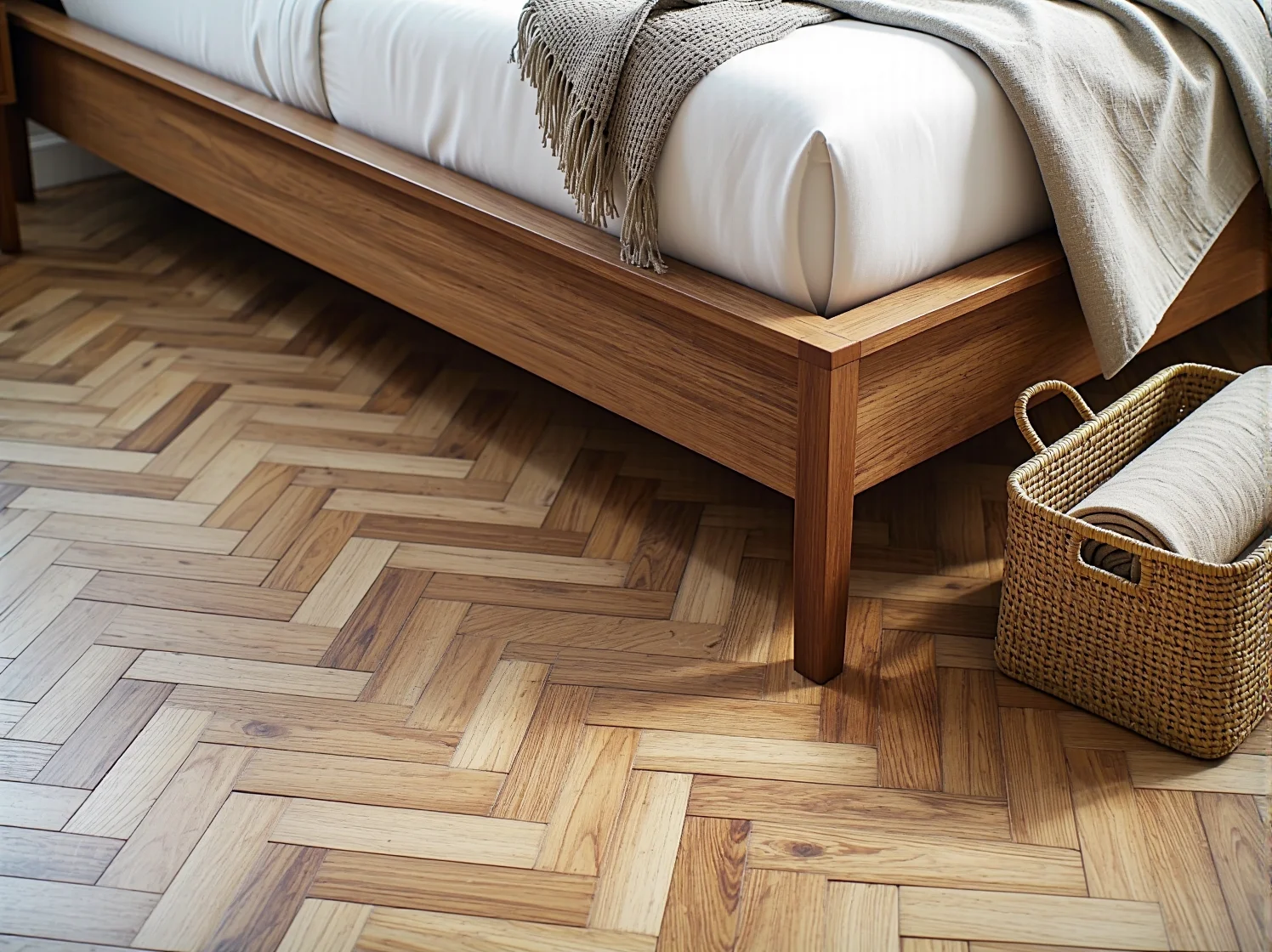 Aranżacja sypialni z drewnianym łóżkiem na wysokich nóżkach i białą pościelą