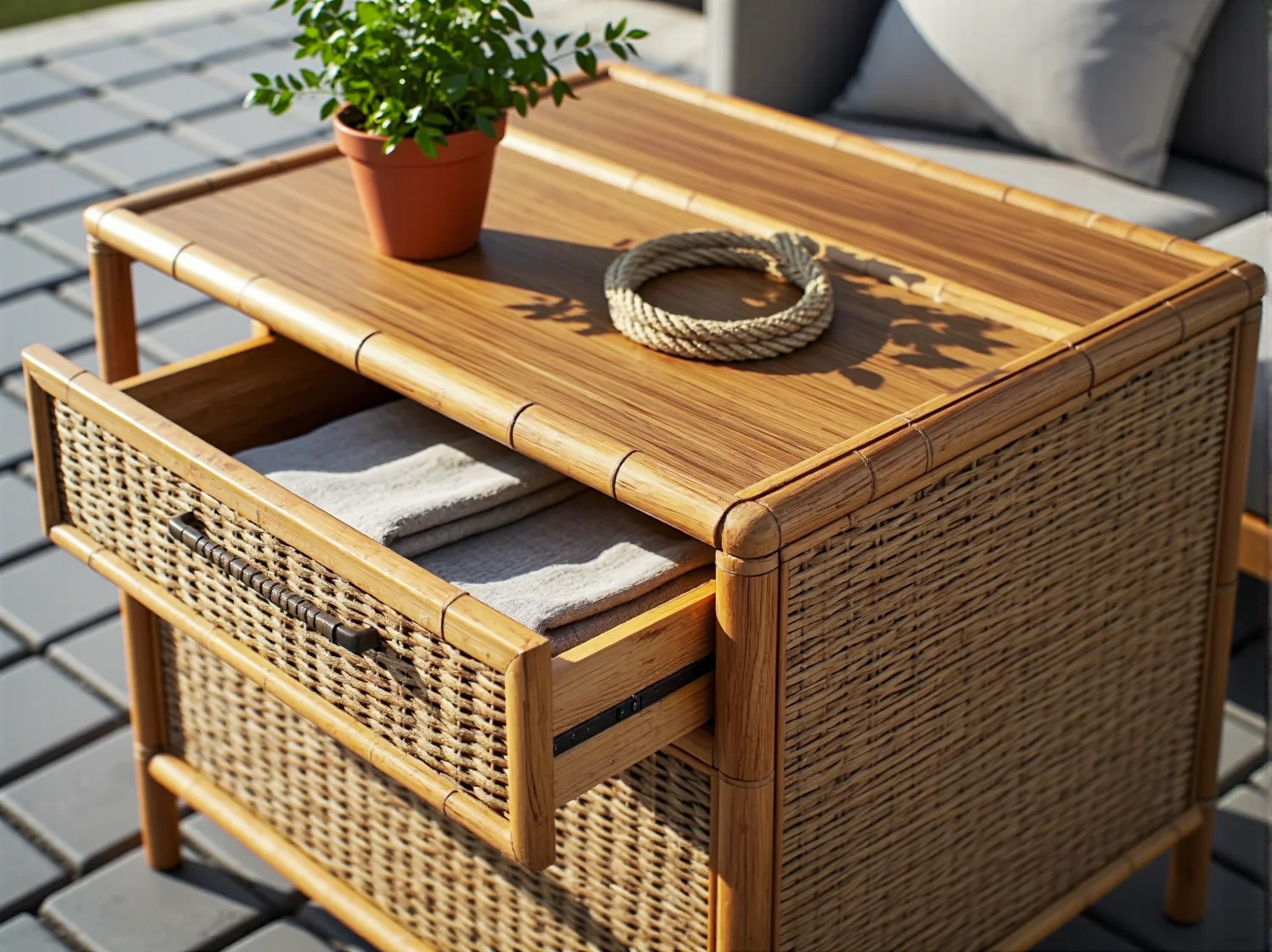Aranżacja tarasu z komodą z certyfikowanego drewna i pasującymi meblami ogrodowymi.