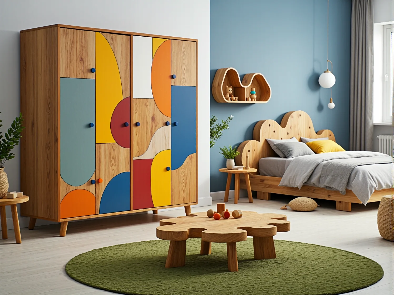 Kolorowa szafa dziecięca dębowa z geometrycznymi wzorami na drzwiach