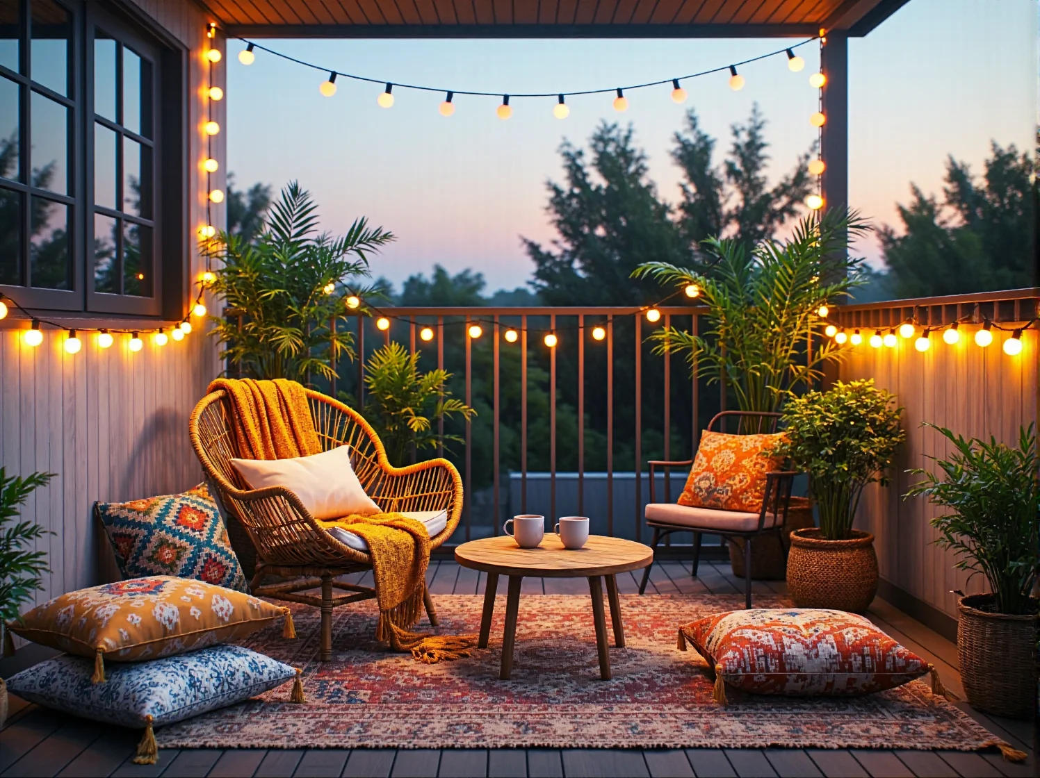 Rattanowy fotel ogrodowy naturalny z drewnianym stolikiem kawowym