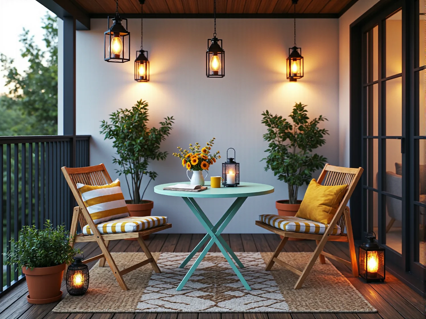 Zestaw mebli balkonowych drewniany stolik miętowy z krzesłami składanymi