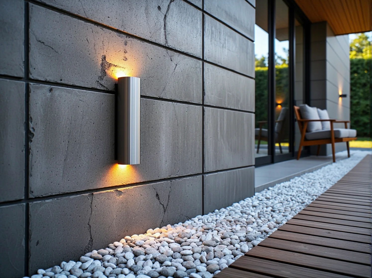 Oświetlenie elewacji o ciepłej barwie podkreślające strukturę szarego tynku