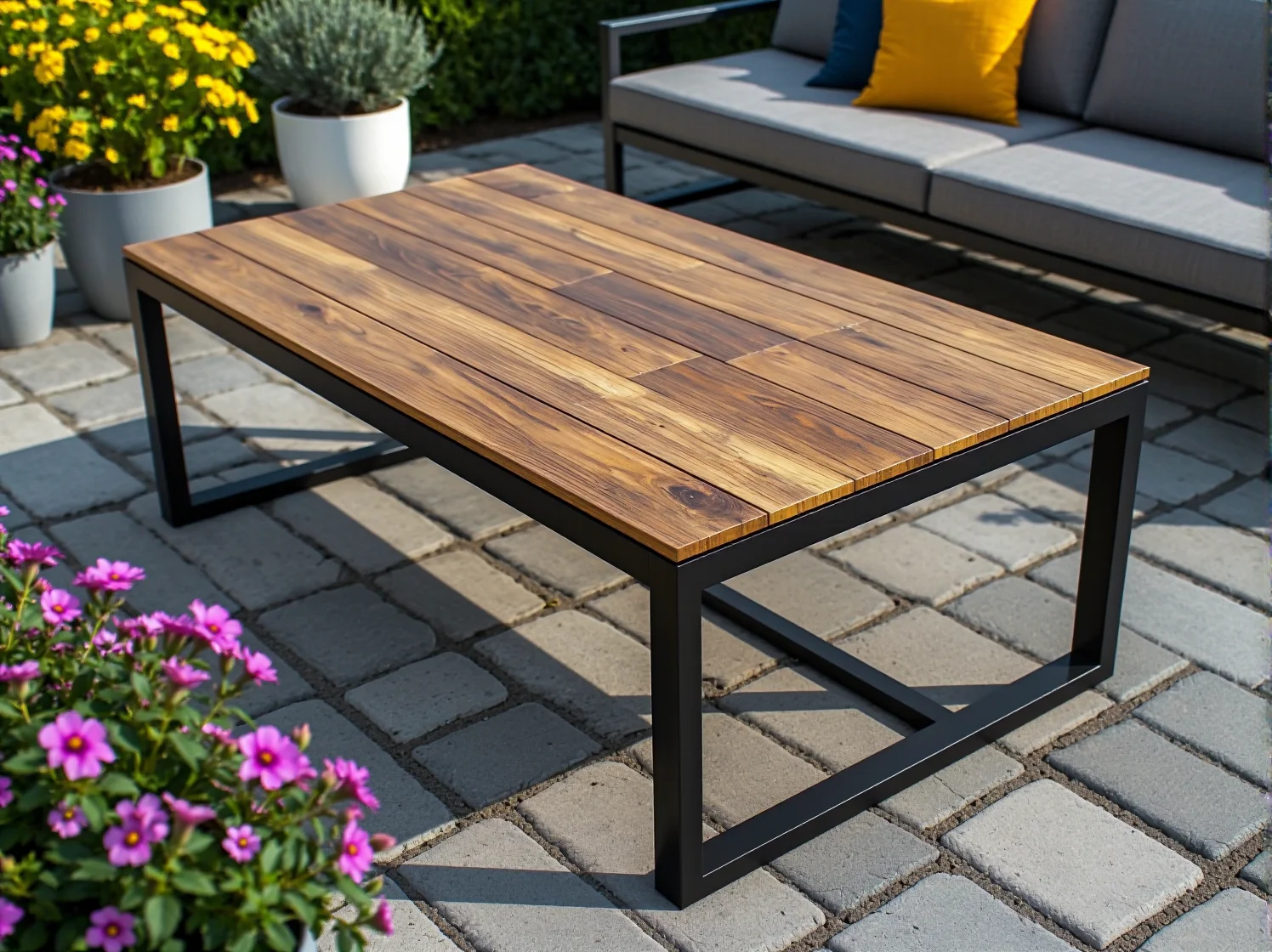 Minimalistyczna ławka z betonu architektonicznego w ogrodzie industrialnym