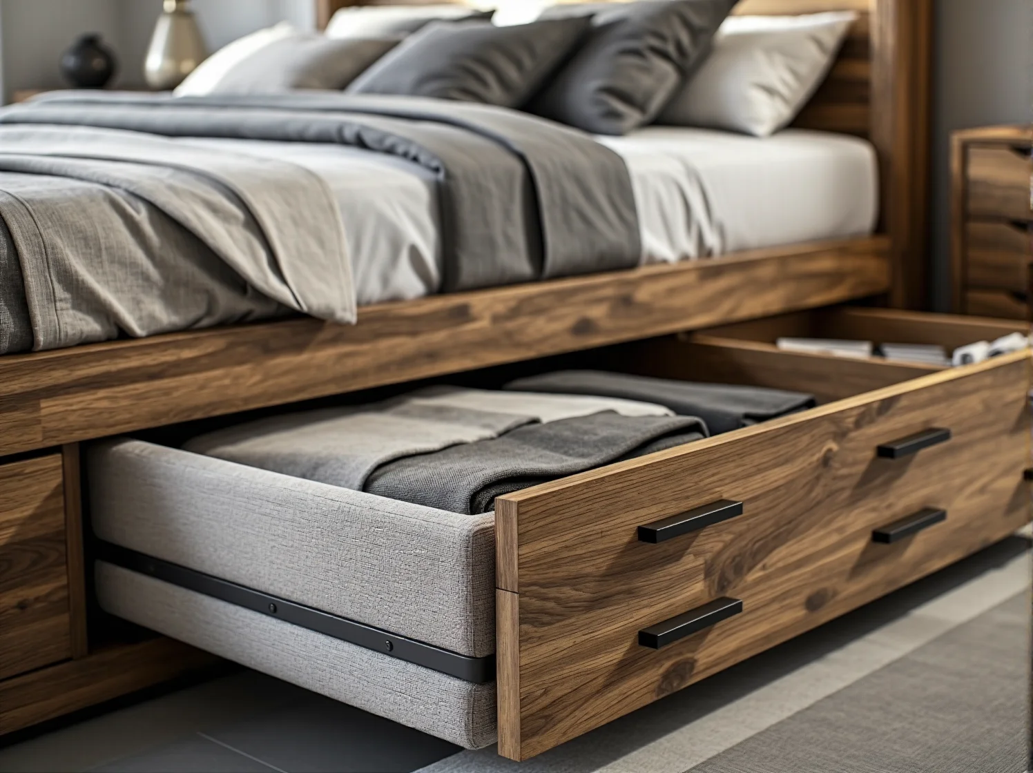 Nowoczesne beżowe łóżko na wysokich nóżkach optycznie powiększające wnętrze