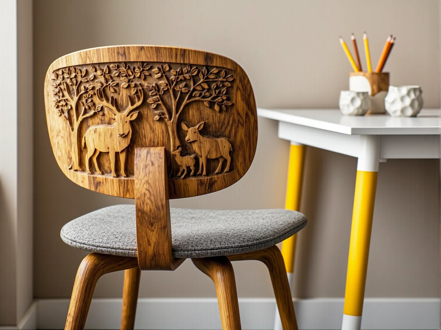 Ręcznie malowane krzesełko dla dziecka z bezpiecznymi, zaokrąglonymi krawędziami i ekologiczną farbą.
