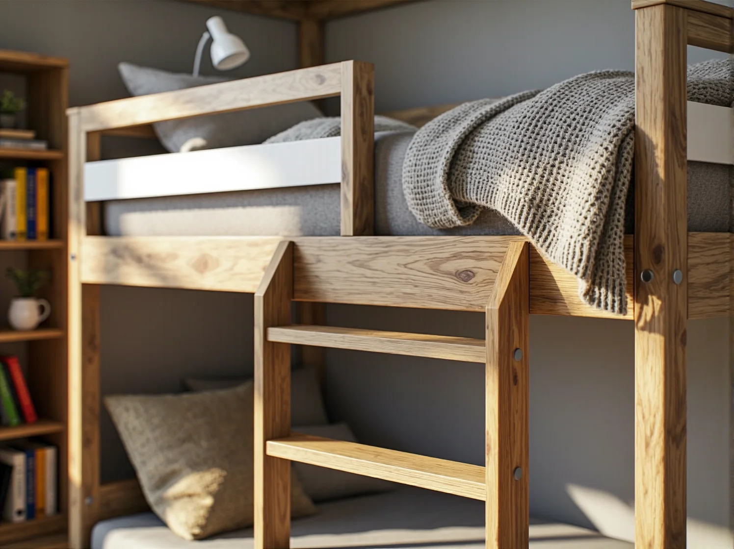 Bezpieczne łóżko piętrowe z barierką dla rodzeństwa w jasnej sypialni dziecięcej