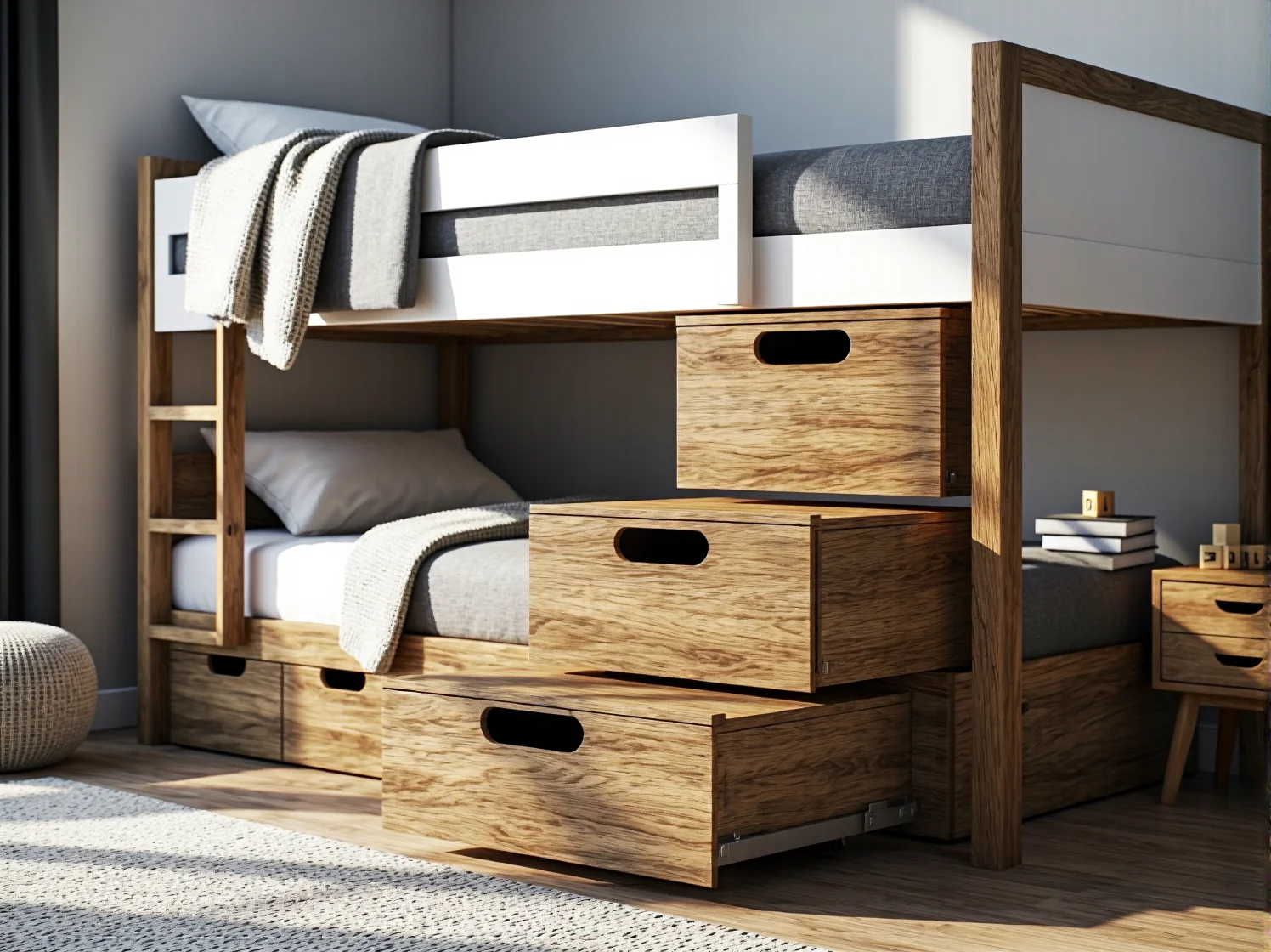 Aranżacja sypialni dla rodzeństwa z bezpiecznym łóżkiem piętrowym i kolorowymi dodatkami