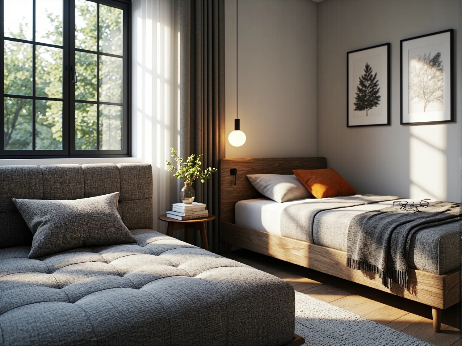 Białe łóżko kontynentalne rozjaśniające ciemną, małą sypialnię