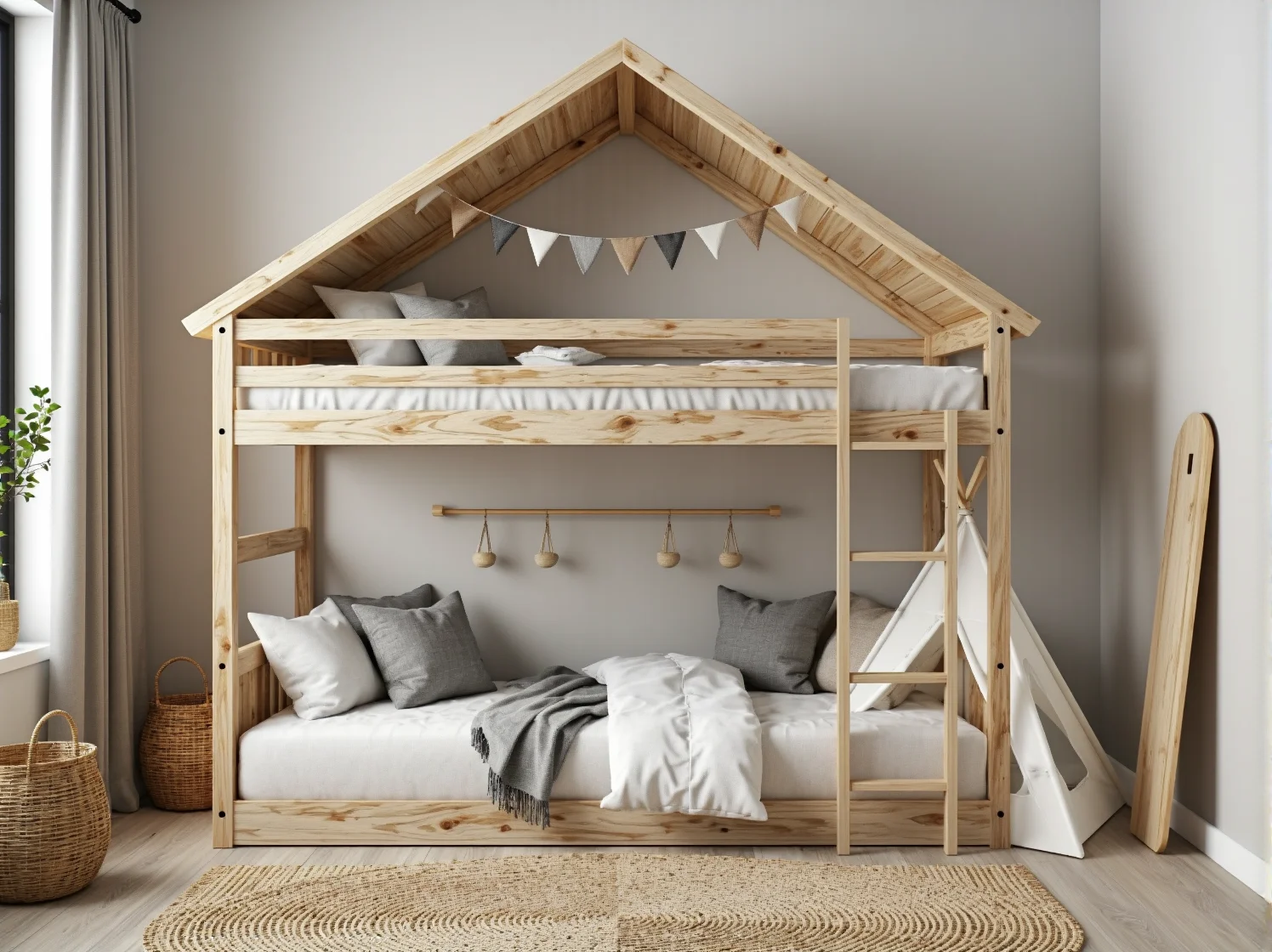 Białe łóżko piętrowe domek dla dzieci do małego pokoju - inspiracja aranżacyjna