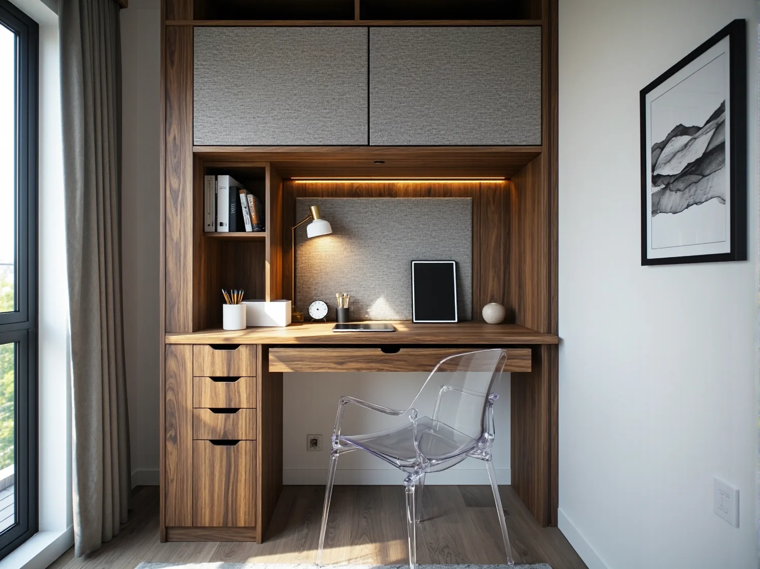 Biurko składane montowane do ściany w nowoczesnej kawalerce