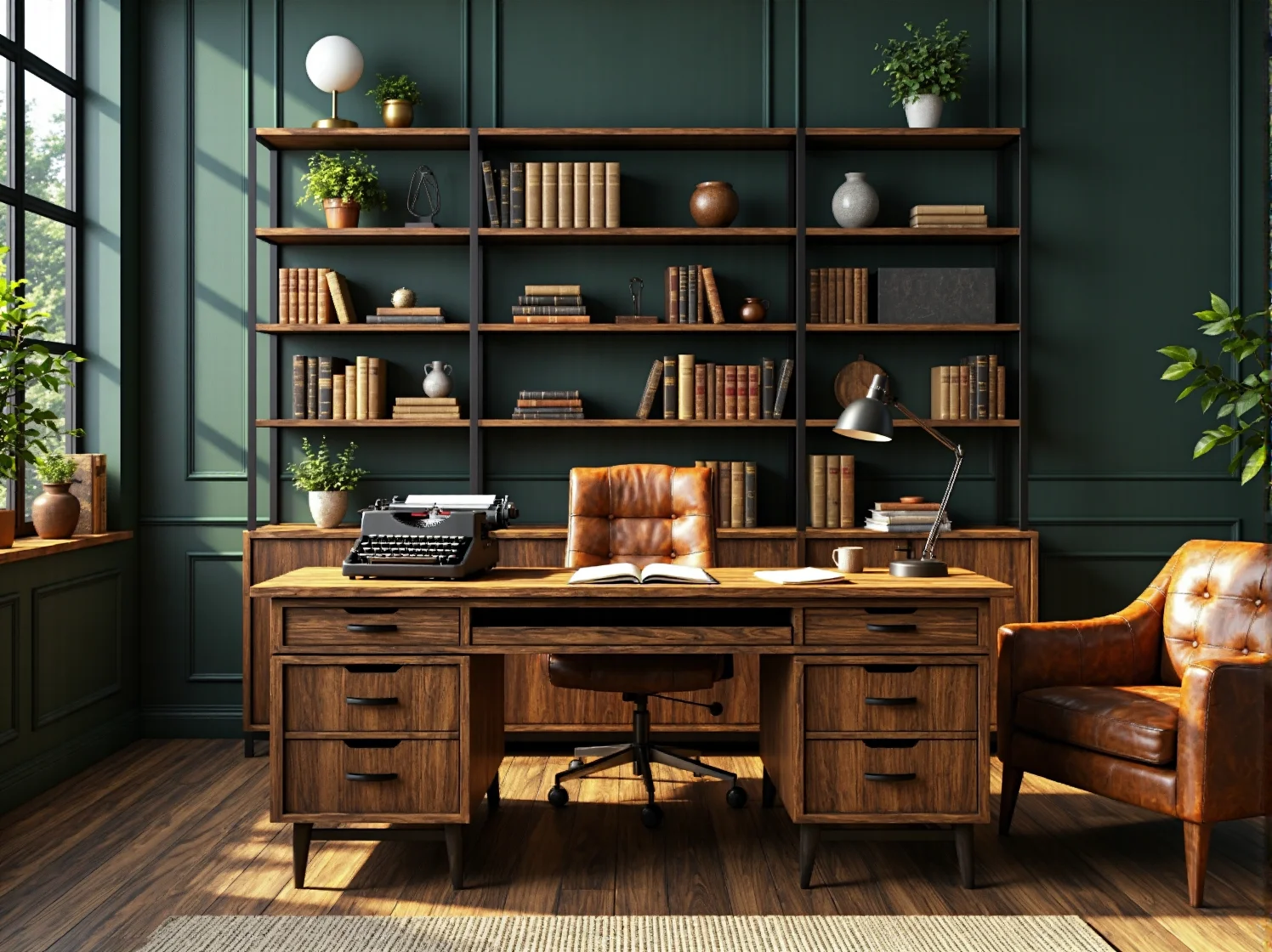 Drewniane biurko gabinetowe orzech z szufladami i metalową ramą