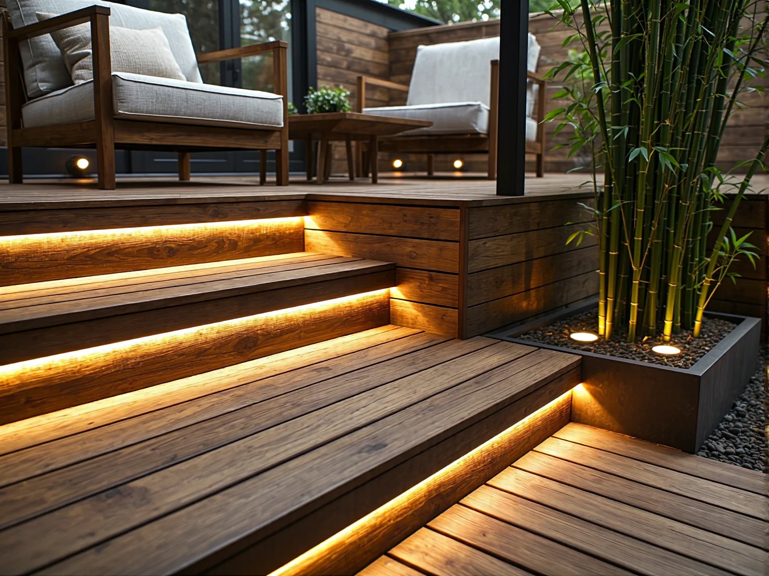 Ciepła barwa światła LED w strefie wypoczynkowej ogrodu tworząca przytulny nastrój wieczorem.