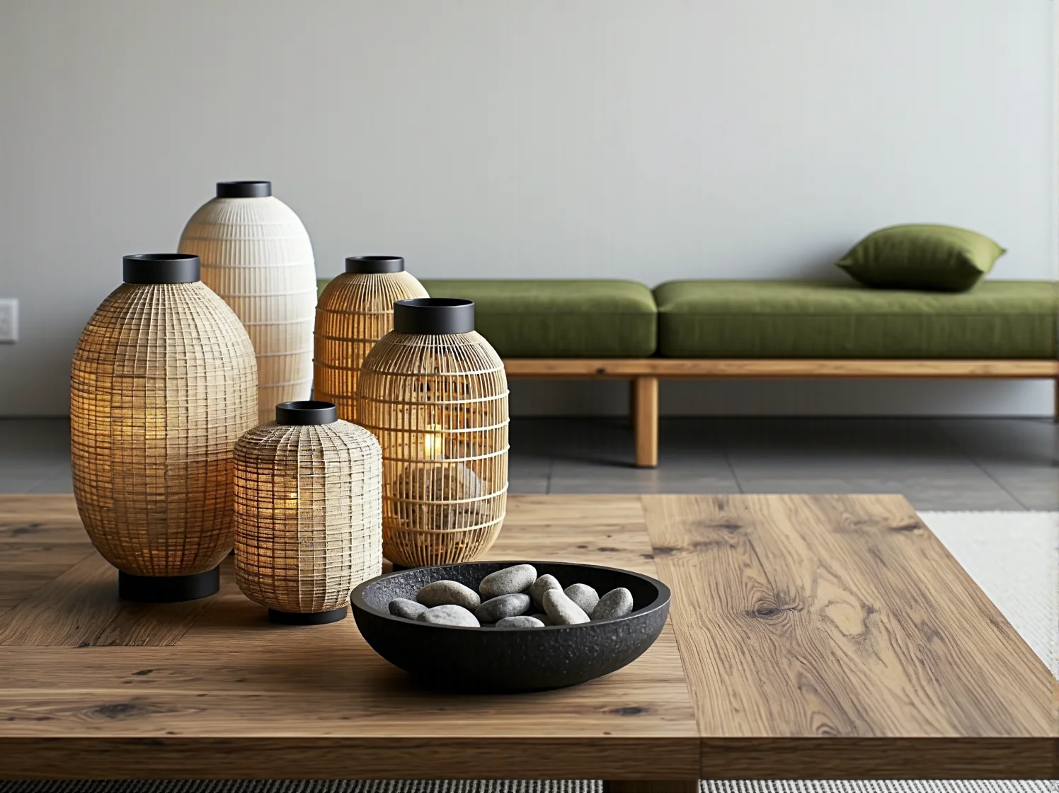 Ceramiczne donice z bonsai i bambusowe lampiony jako dekoracje na tarasie japandi