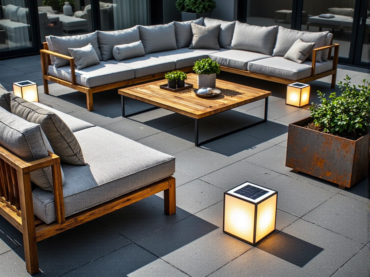 Designerskie lampy solarne wiszące nad strefą wypoczynku w ogrodzie