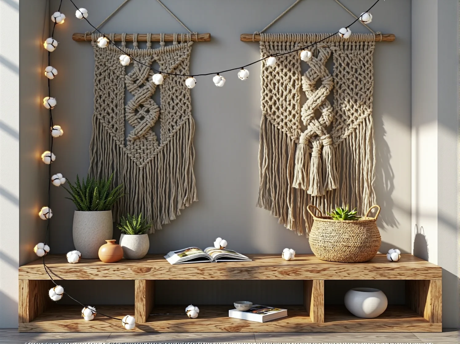 Naturalne dodatki w stylu boho, rośliny doniczkowe i sznur świateł LED tworzące klimat na balkonie.