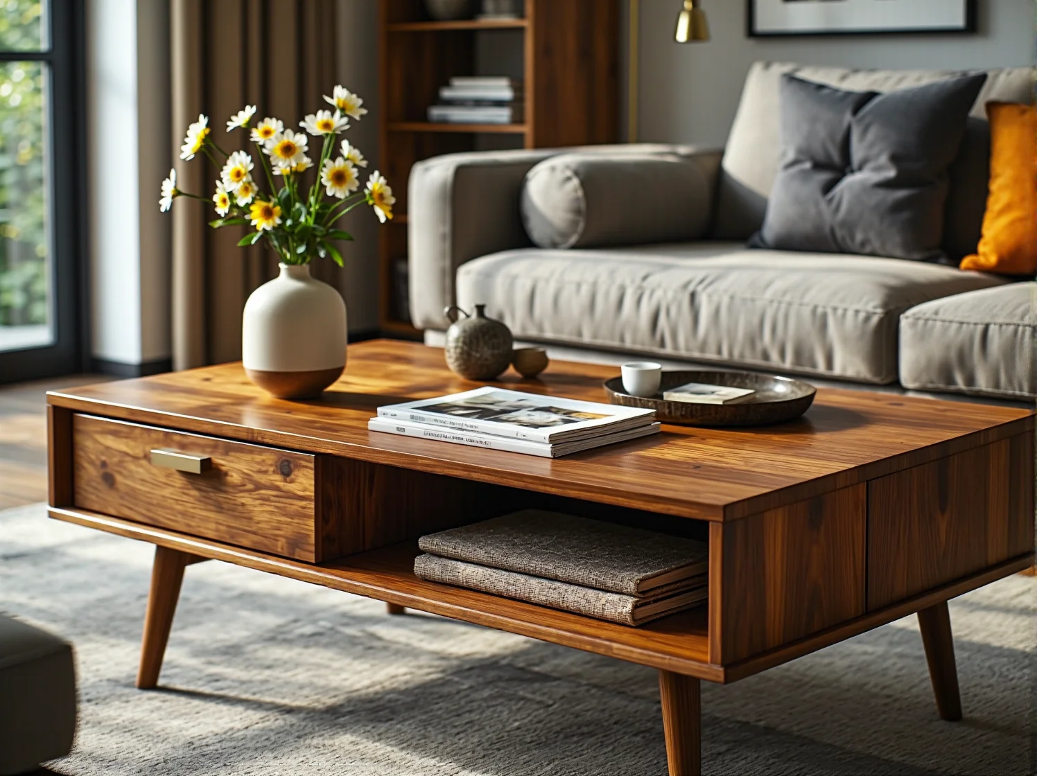 Stylowe dodatki retro, jak lampa i grafiki, idealnie komponujące się z narożnikiem w salonie.