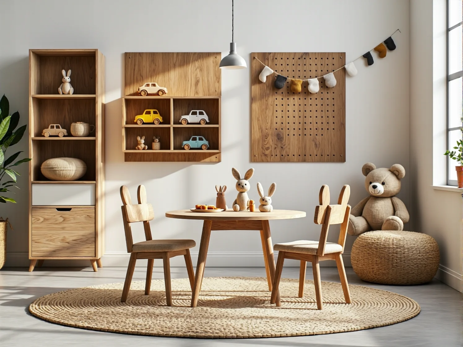 Dodatki w stylu leśnym: dywan przypominający mech, lampki grzybki i naturalne drewno.