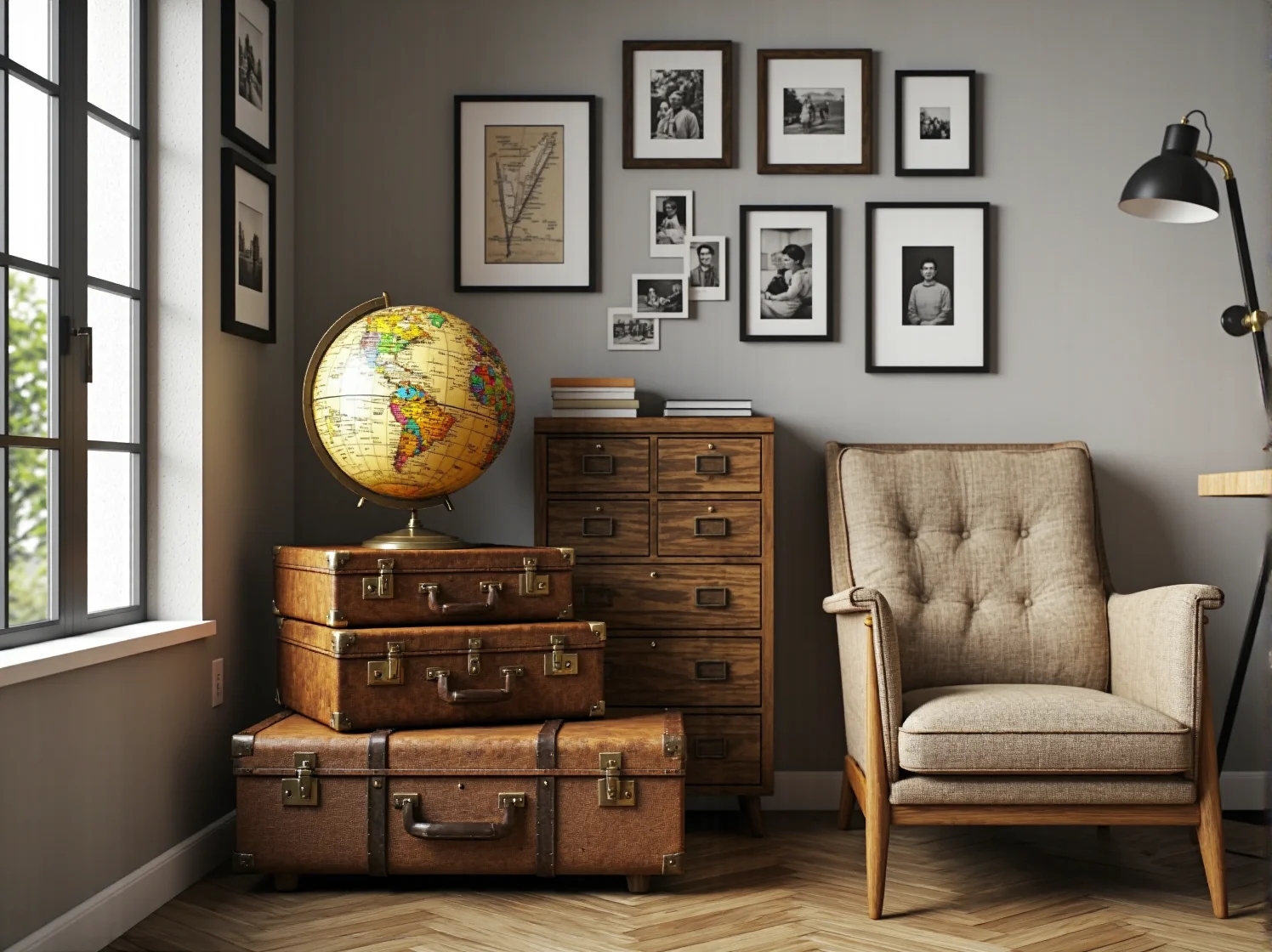 Dodatki w stylu vintage: stara maszyna do pisania i analogowy zegar na ścianie.