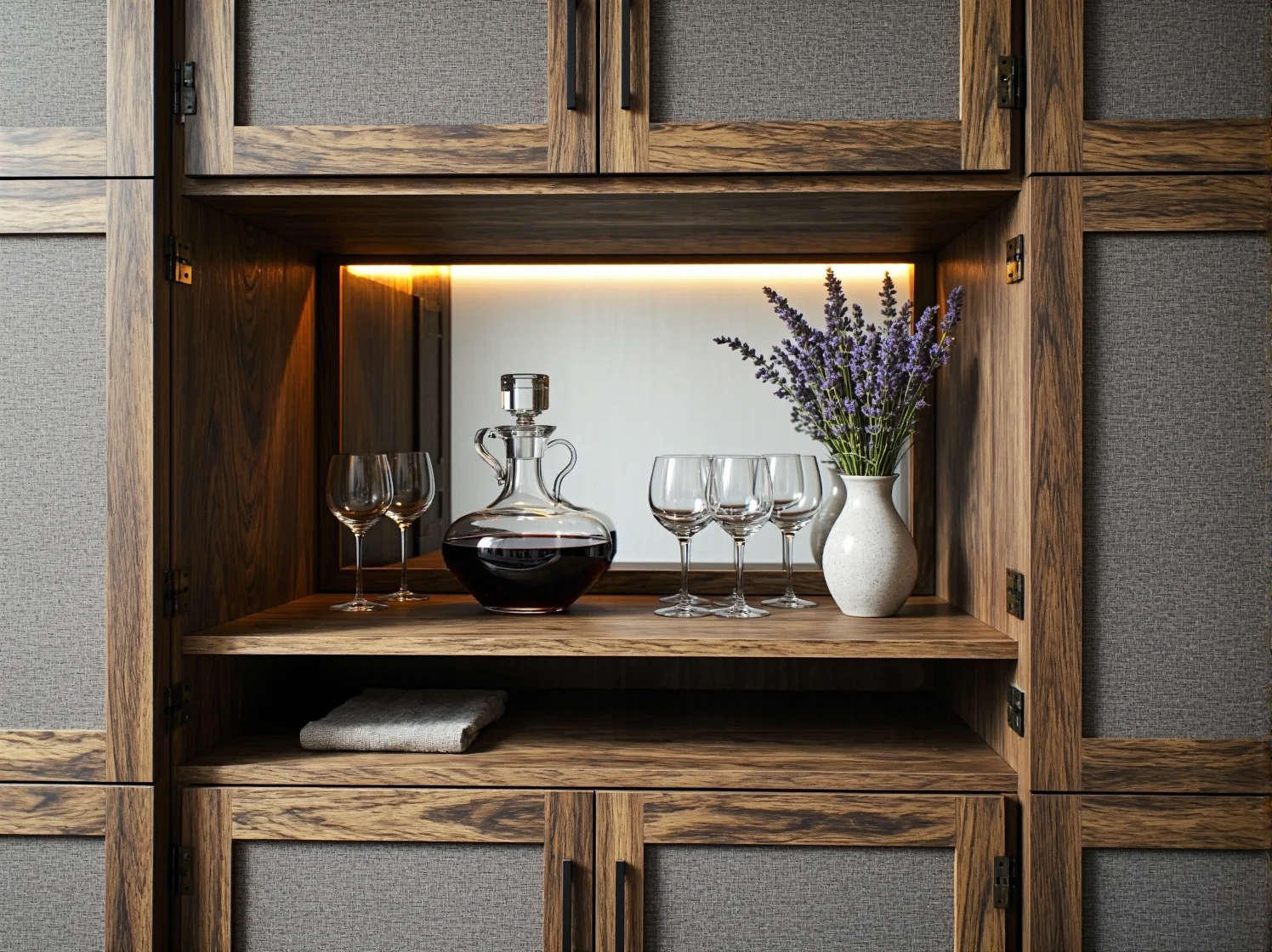 Zbliżenie na półki z winem i oświetlenie LED wewnątrz przerobionej szafy na barek