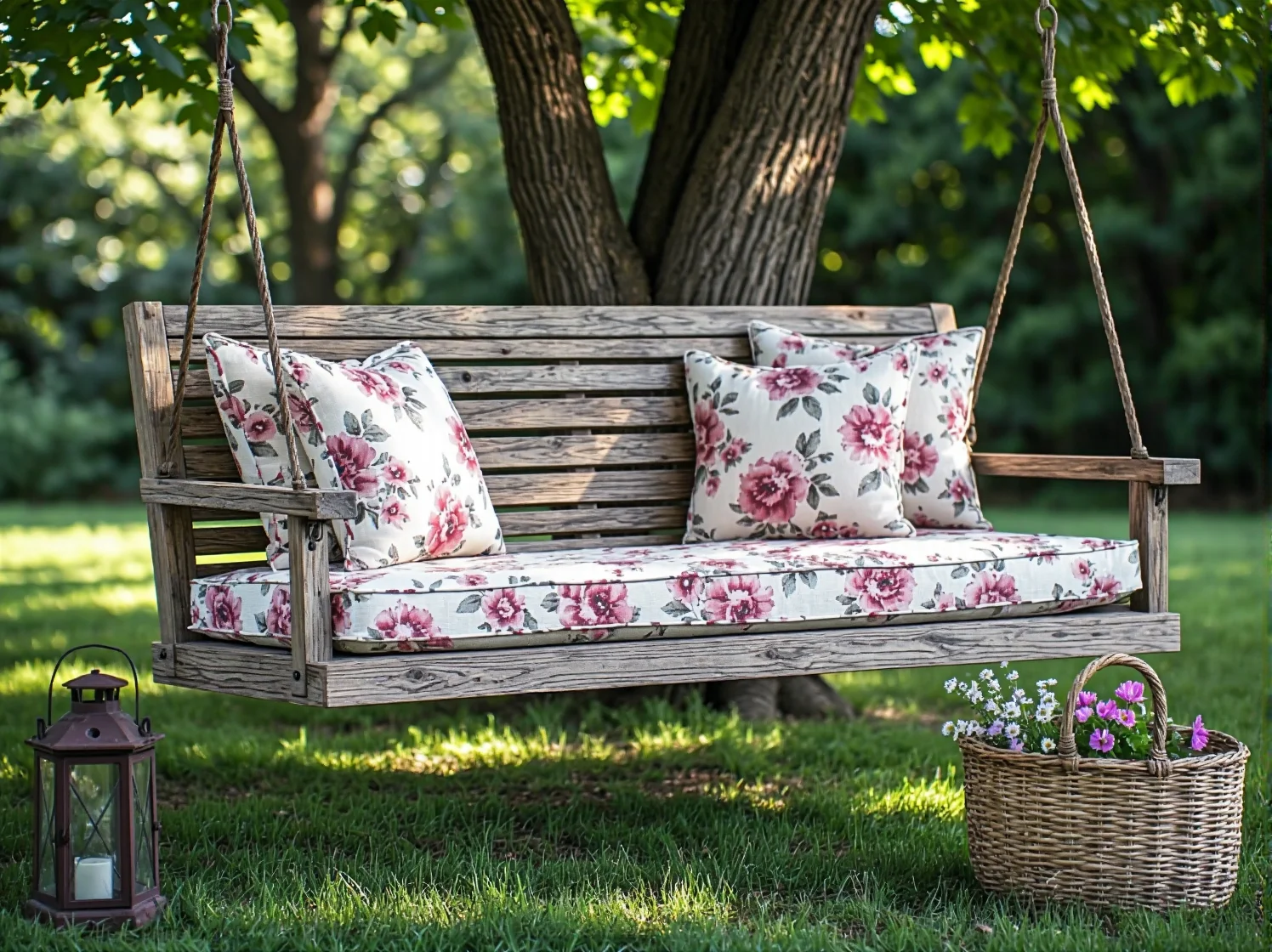 Drewniana ławka ogrodowa w stylu retro otoczona kolorowymi kwiatami i lampionami.