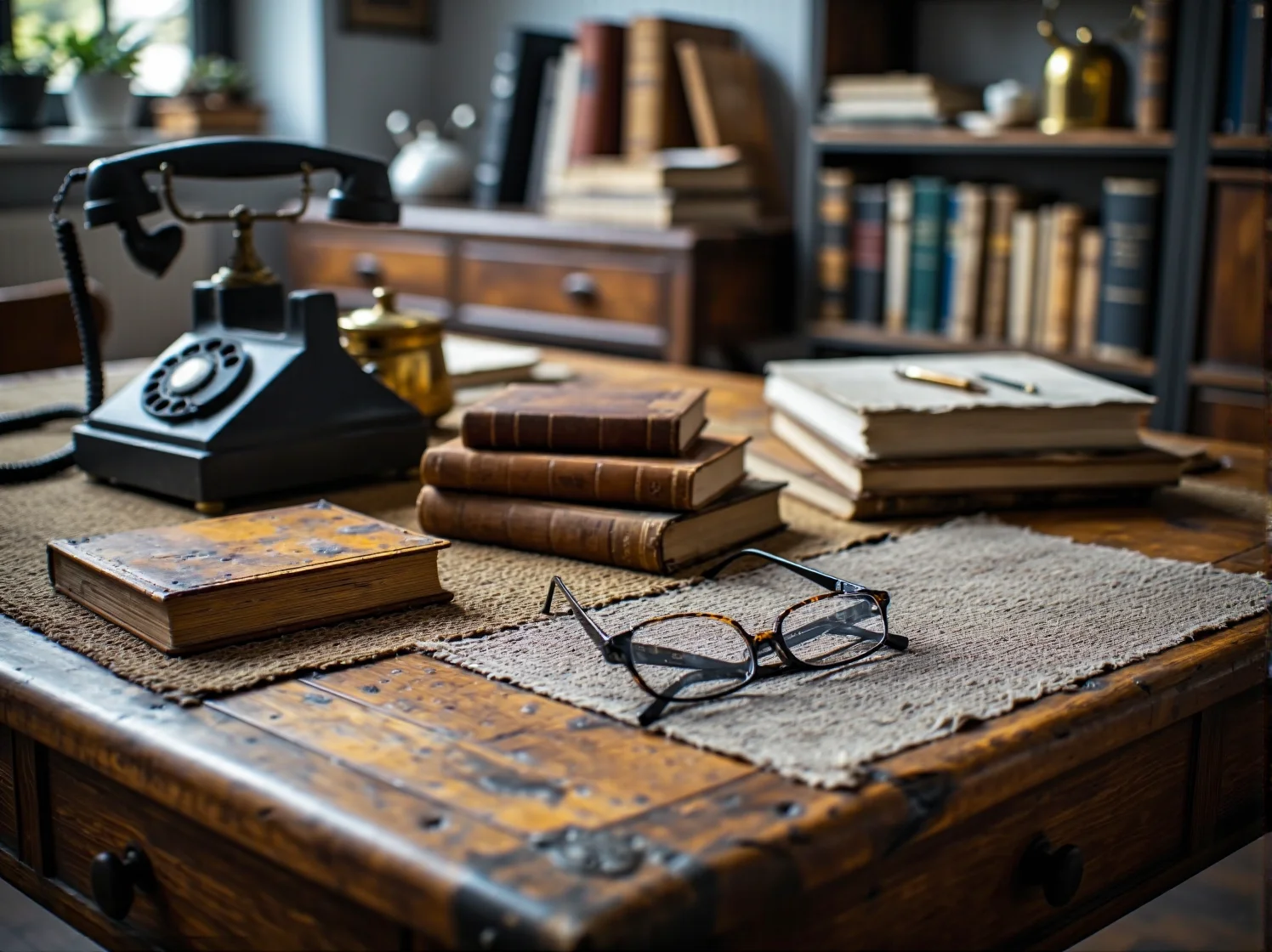 Masywne biurko z ciemnego drewna w gabinecie retro z klasyczną lampką bankierską.