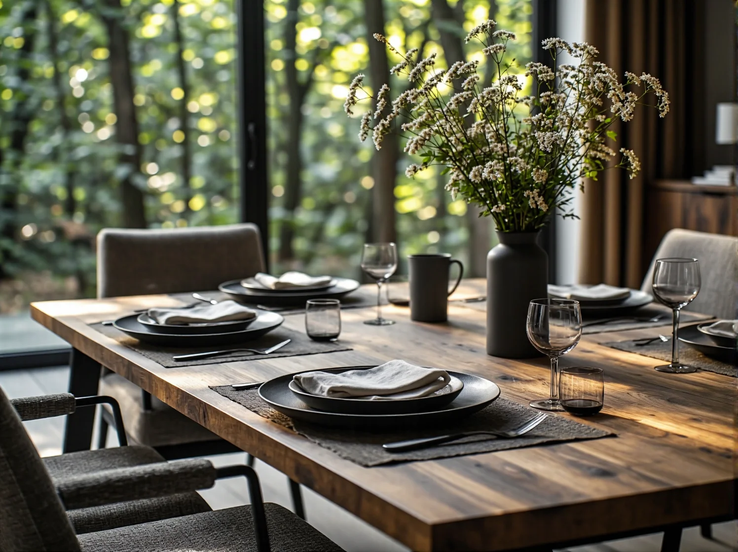 Drewniane krzesła i stoły w restauracji inspirowanej naturą z dużą ilością roślin