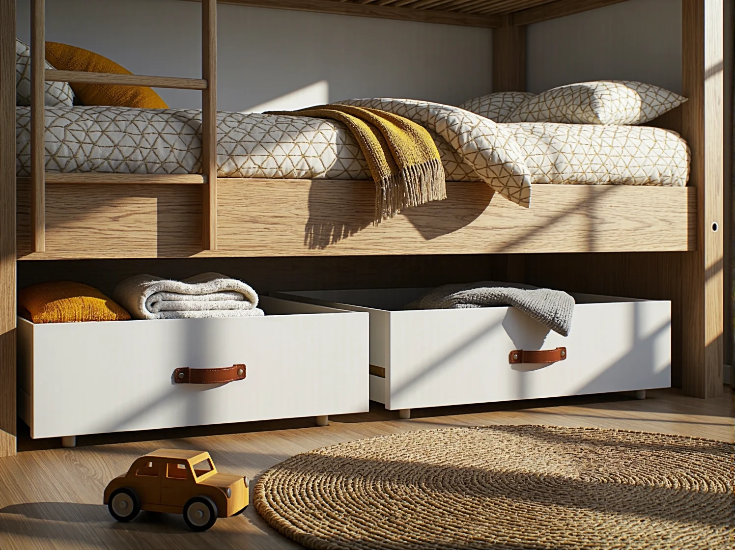 Drewniane łóżko piętrowe skandynawski design z funkcjonalnymi szufladami