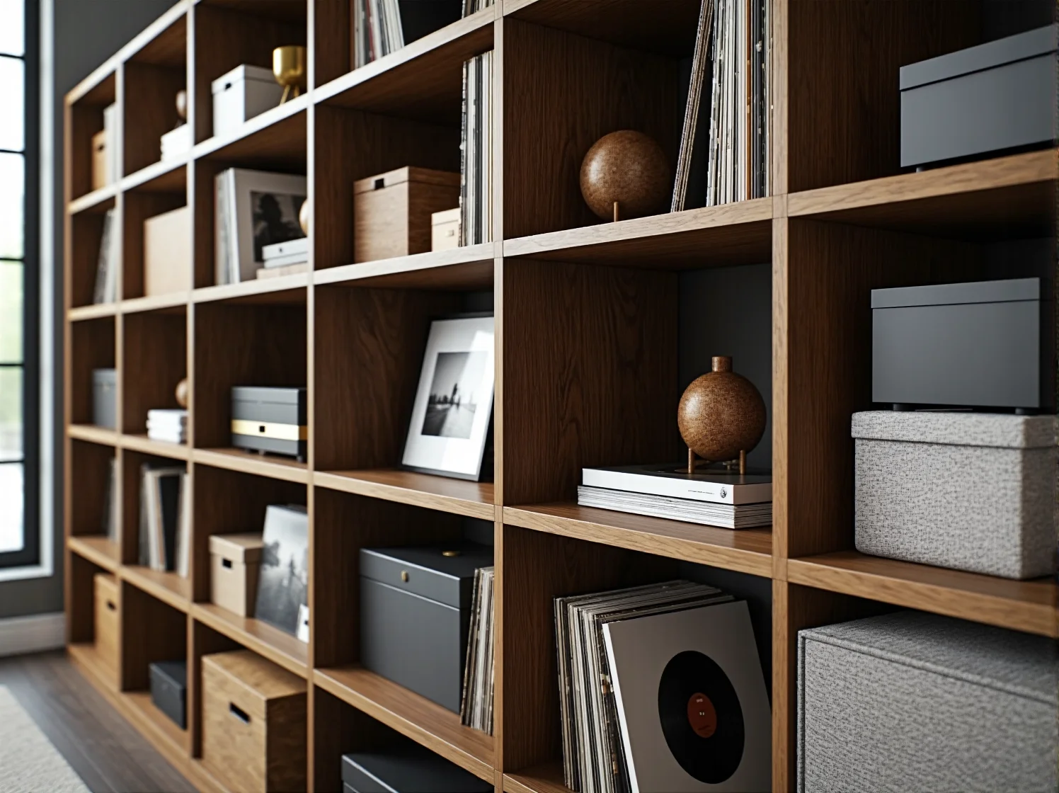 Drewniane szafki modułowe pełniące funkcję ścianki działowej w kawalerce