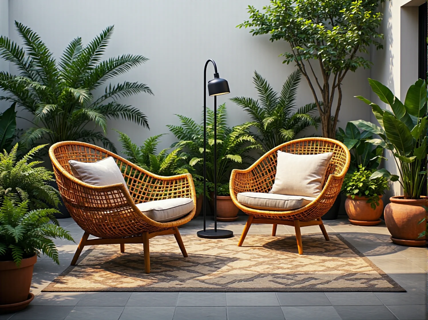 Przytulny kącik wypoczynkowy na tarasie z egzotycznymi roślinami i ciepłym światłem lampy ogrodowej.