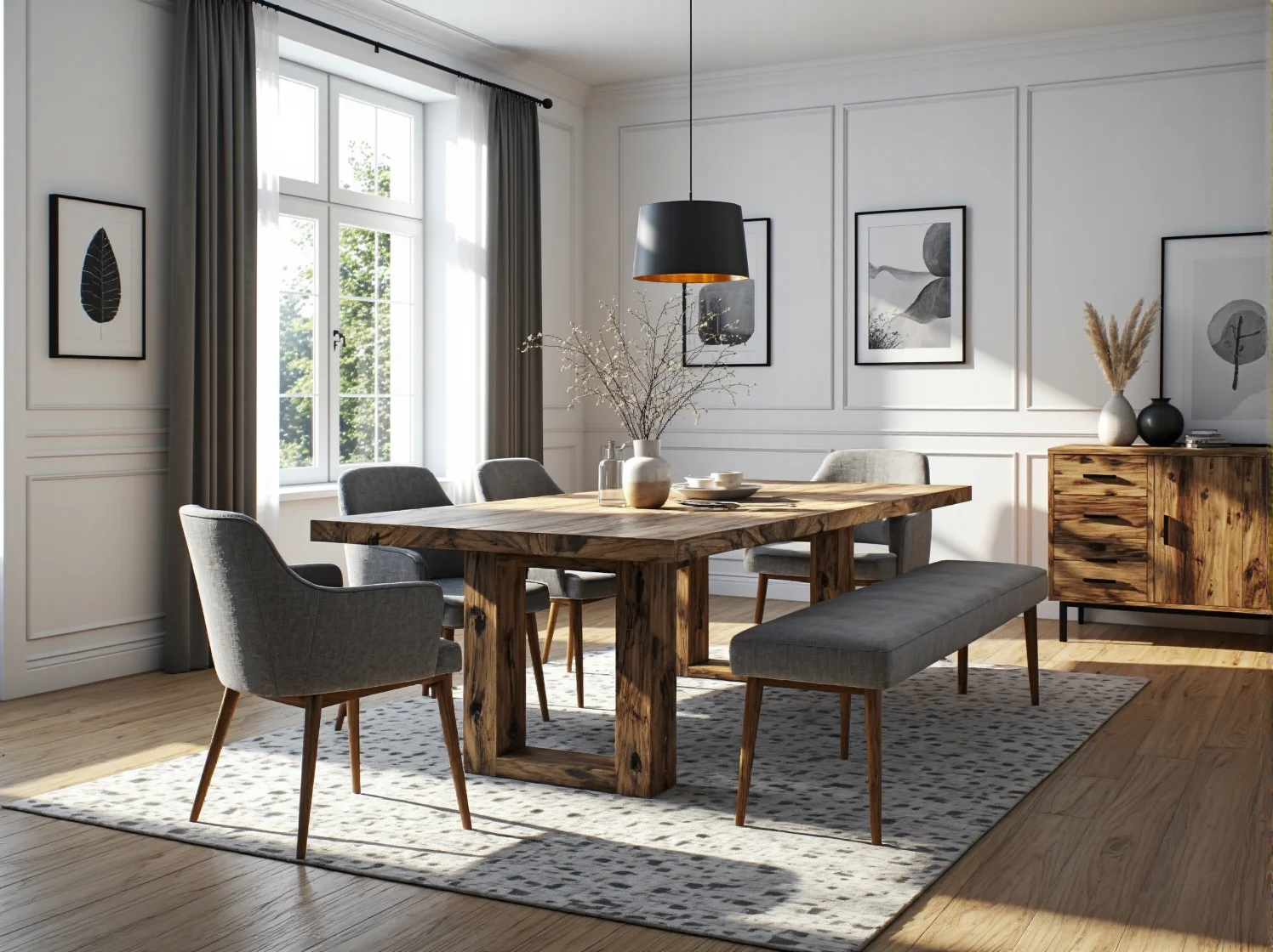 Aranżacja ekologicznego stołu z odzysku z zastawą obiadową, inspiracja do stylowej jadalni.