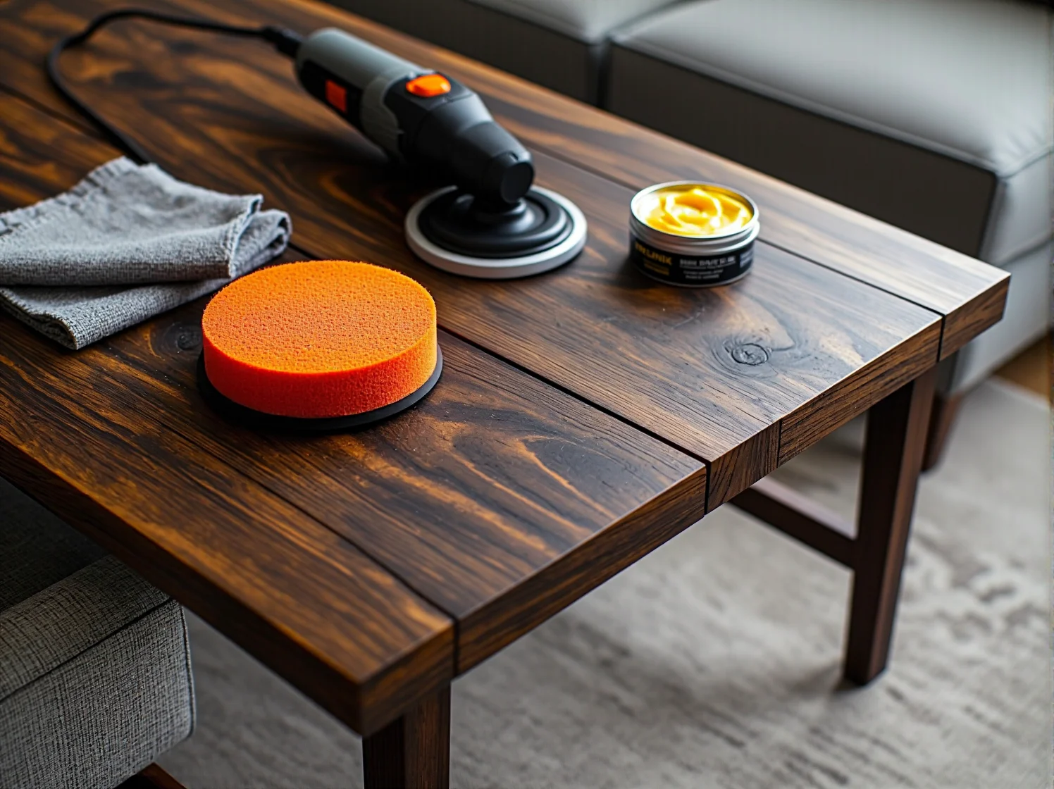 Elektryczna polerka obrotowa usuwająca rysy z drewnianego stołu