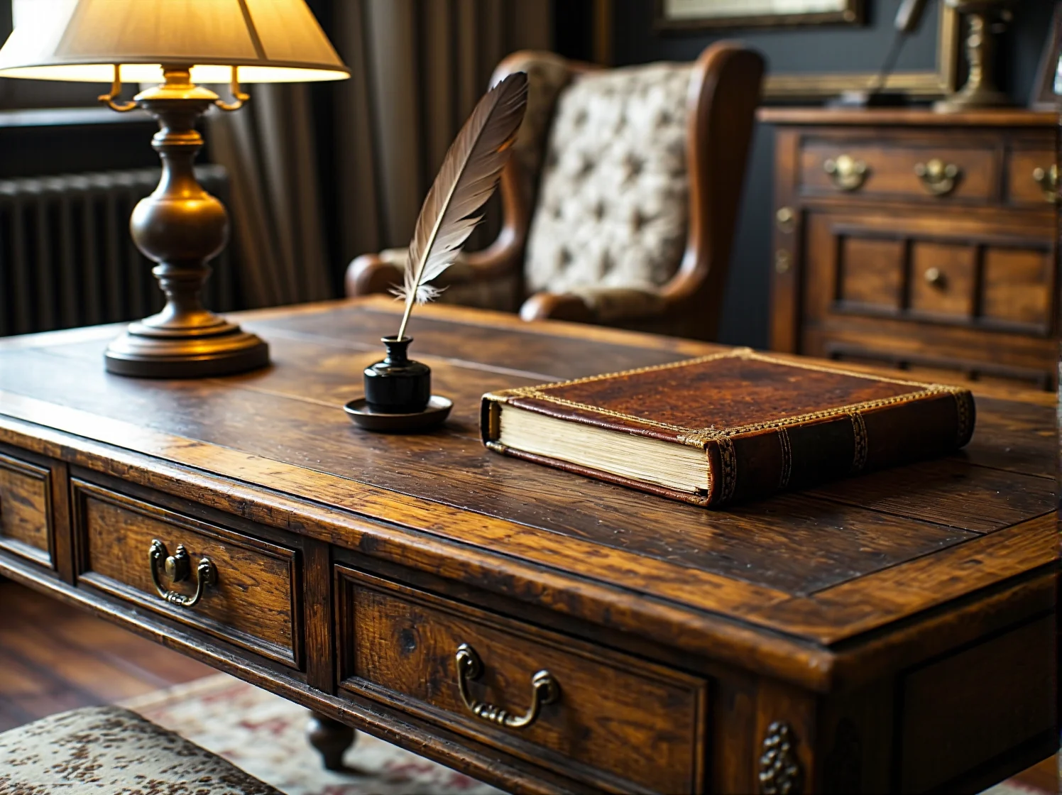 Przytulny kącik do czytania w biurze retro ze skórzanym fotelem i regałem.