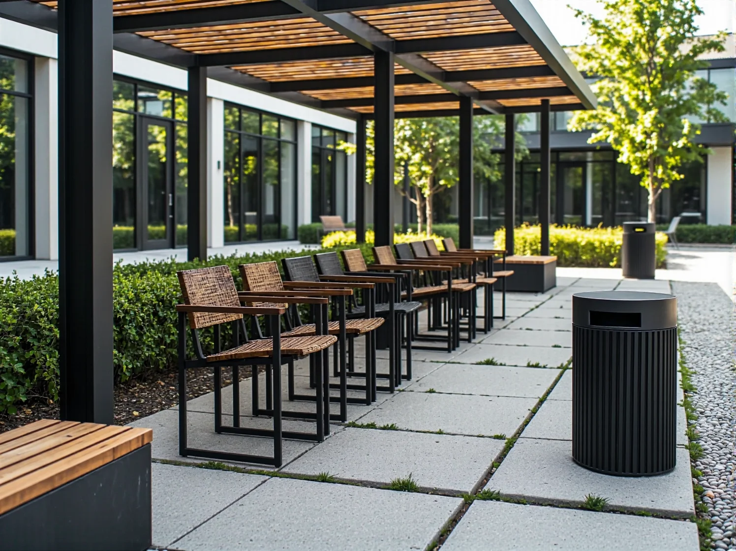 Praktyczne meble ogrodowe składane na tarasie kawiarni, oszczędność miejsca i funkcjonalność.