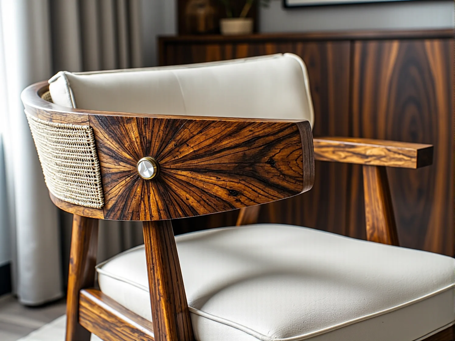 Charakterystyczne dla stylu art déco geometryczne wzory na drewnianym oparciu krzesła z lat 20.