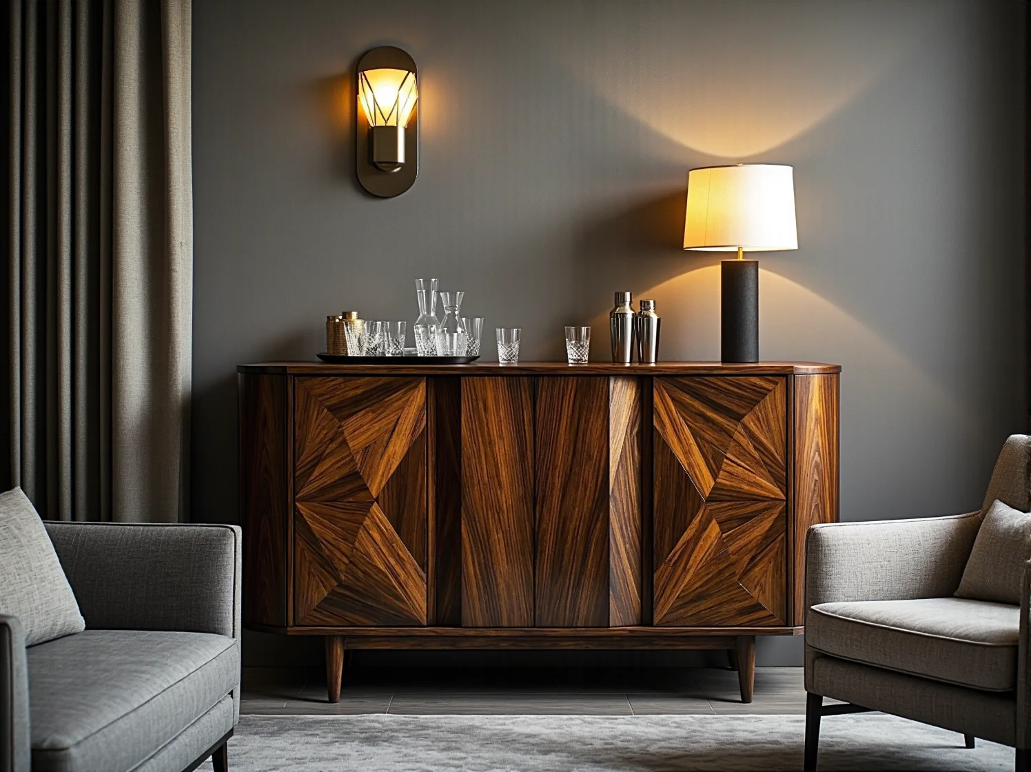 Geometryczna lampa sufitowa art deco o kulistych kloszach w nowoczesnym salonie.