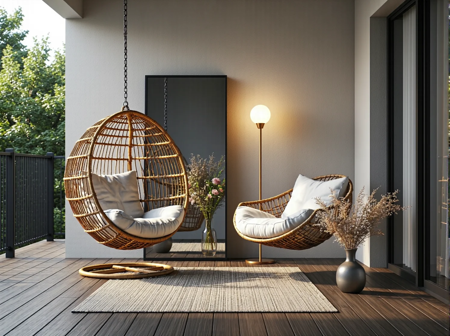 Girlandy świetlne i lampiony tworzące przytulny klimat na małym balkonie