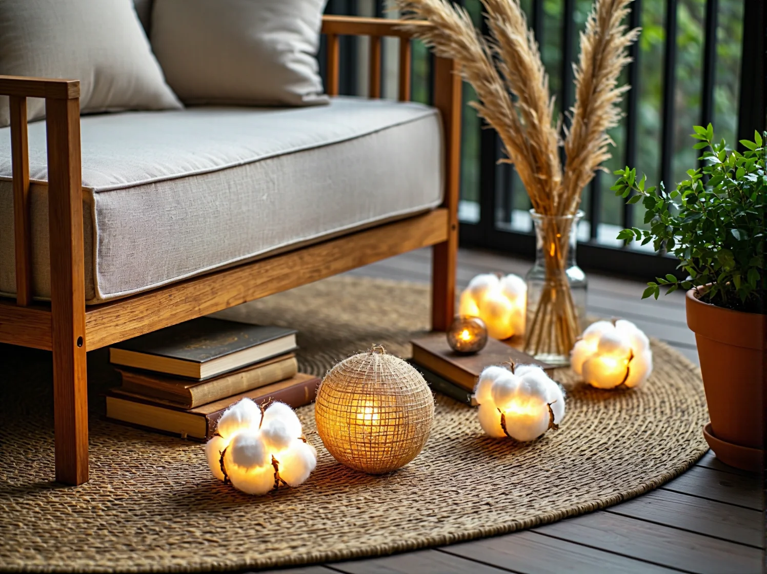 Girlandy świetlne cotton balls zawieszone nad drewnianą ławką z poduszkami w etniczne wzory.