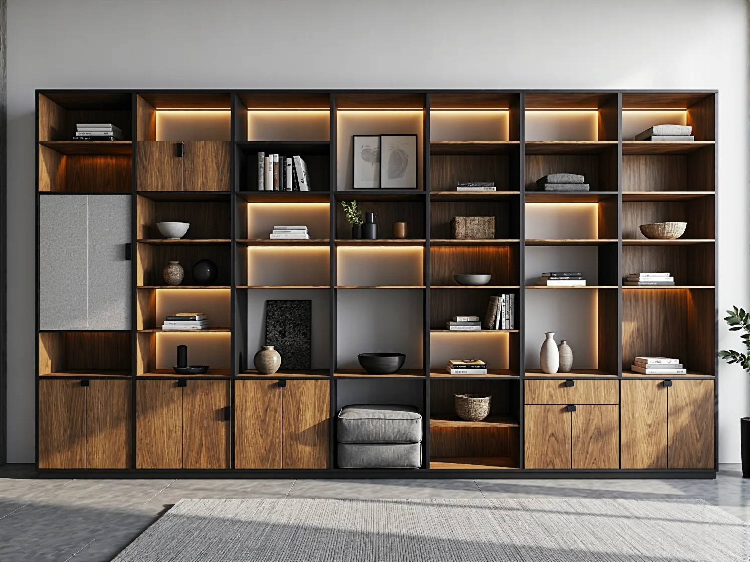 Industrialny regał systemowy z metalu i drewna w domowym biurze