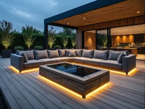 Narożna sofa ogrodowa szara z podświetleniem LED i stolik