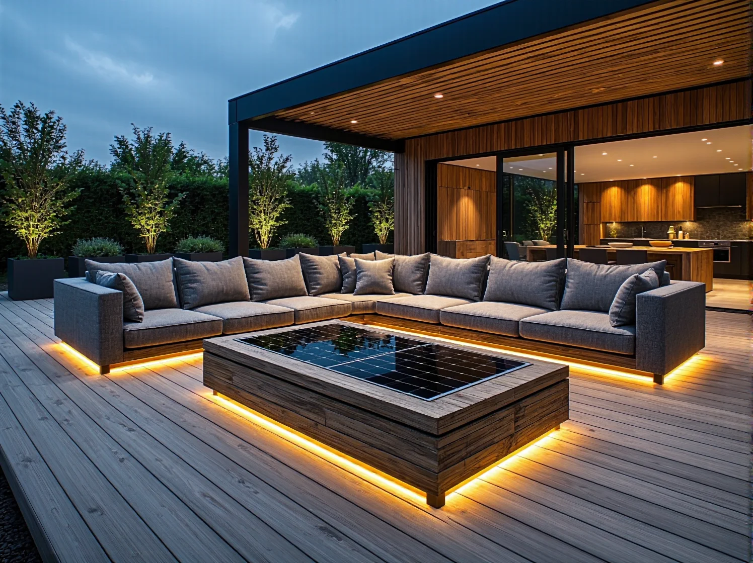 Narożna sofa ogrodowa szara z podświetleniem LED i stolik