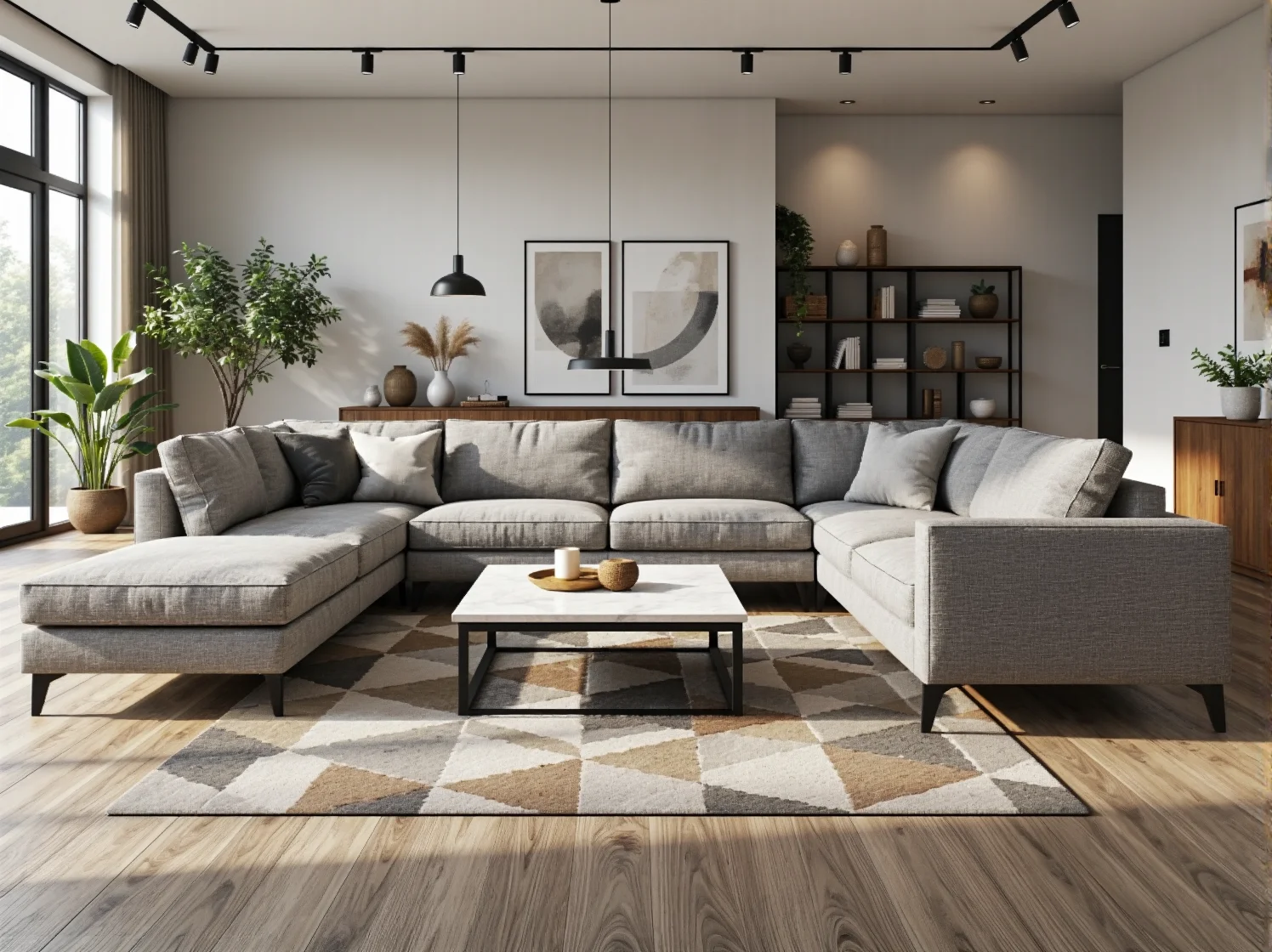 Szary narożnik tapicerowany z poduszkami dekoracyjnymi