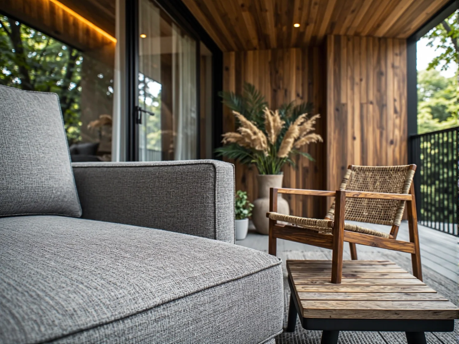 Aranżacja małego balkonu z wykorzystaniem składanych mebli drewnianych, dowodząca ich funkcjonalności.