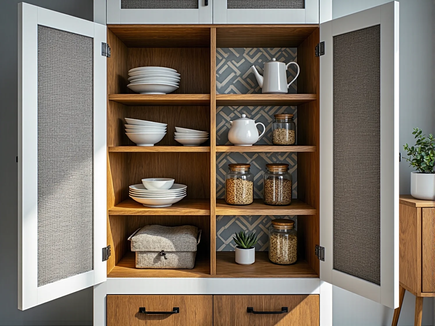 Stylowe uchwyty i jasne akcenty kolorystyczne na odnowionej szafce vintage.