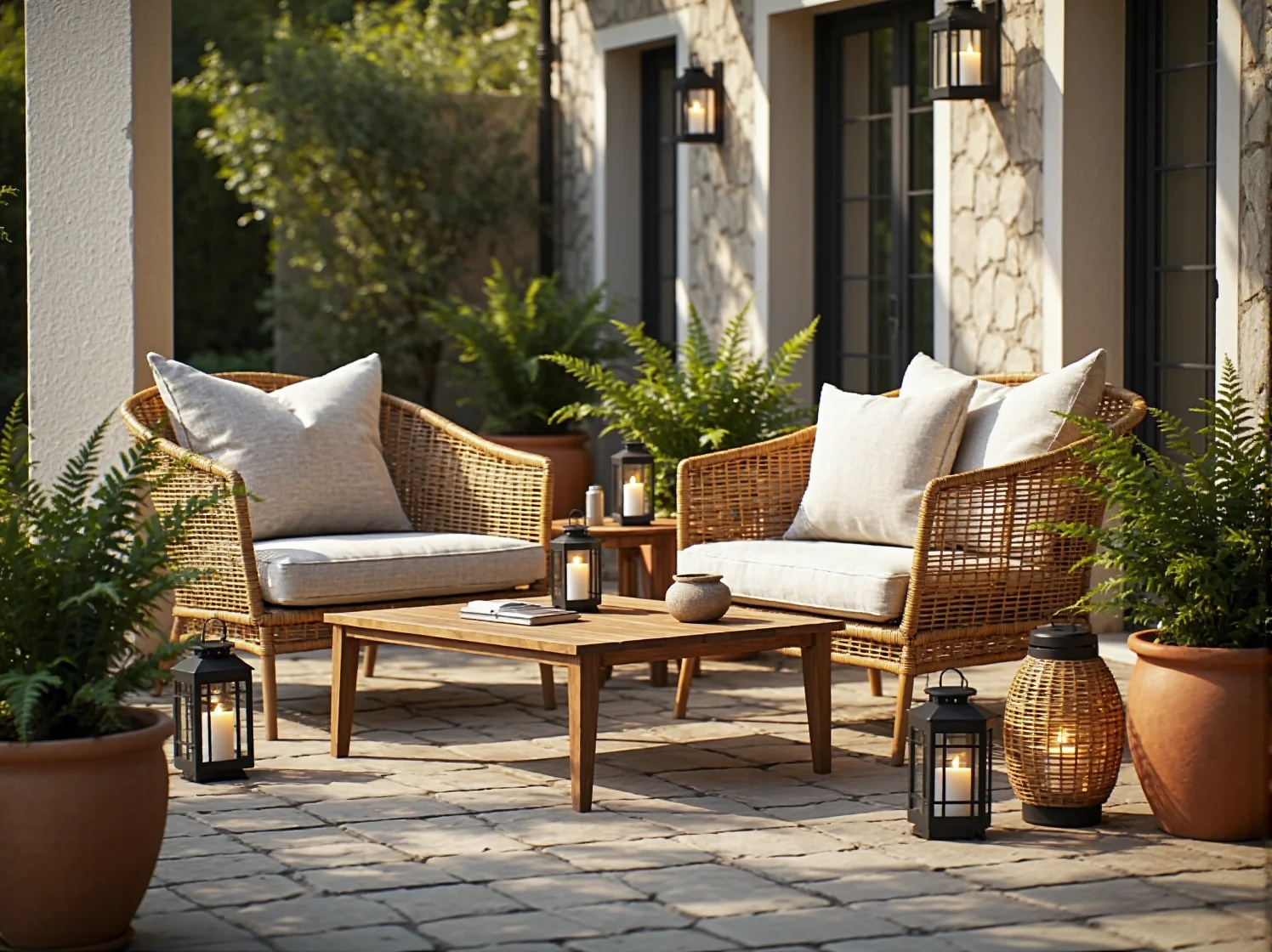 Kinkiety zewnętrzne z efektem patyny zamontowane na ceglanej elewacji.