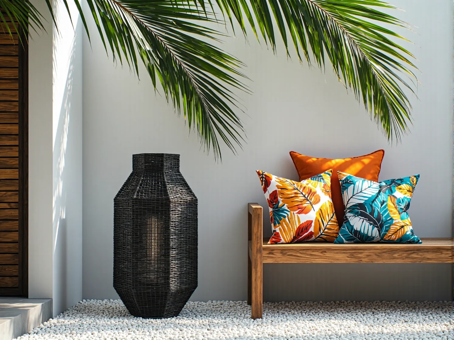 Wieczorna aranżacja ogrodu tropikalnego z dekoracyjnymi lampami stojącymi budującymi magiczny nastrój.