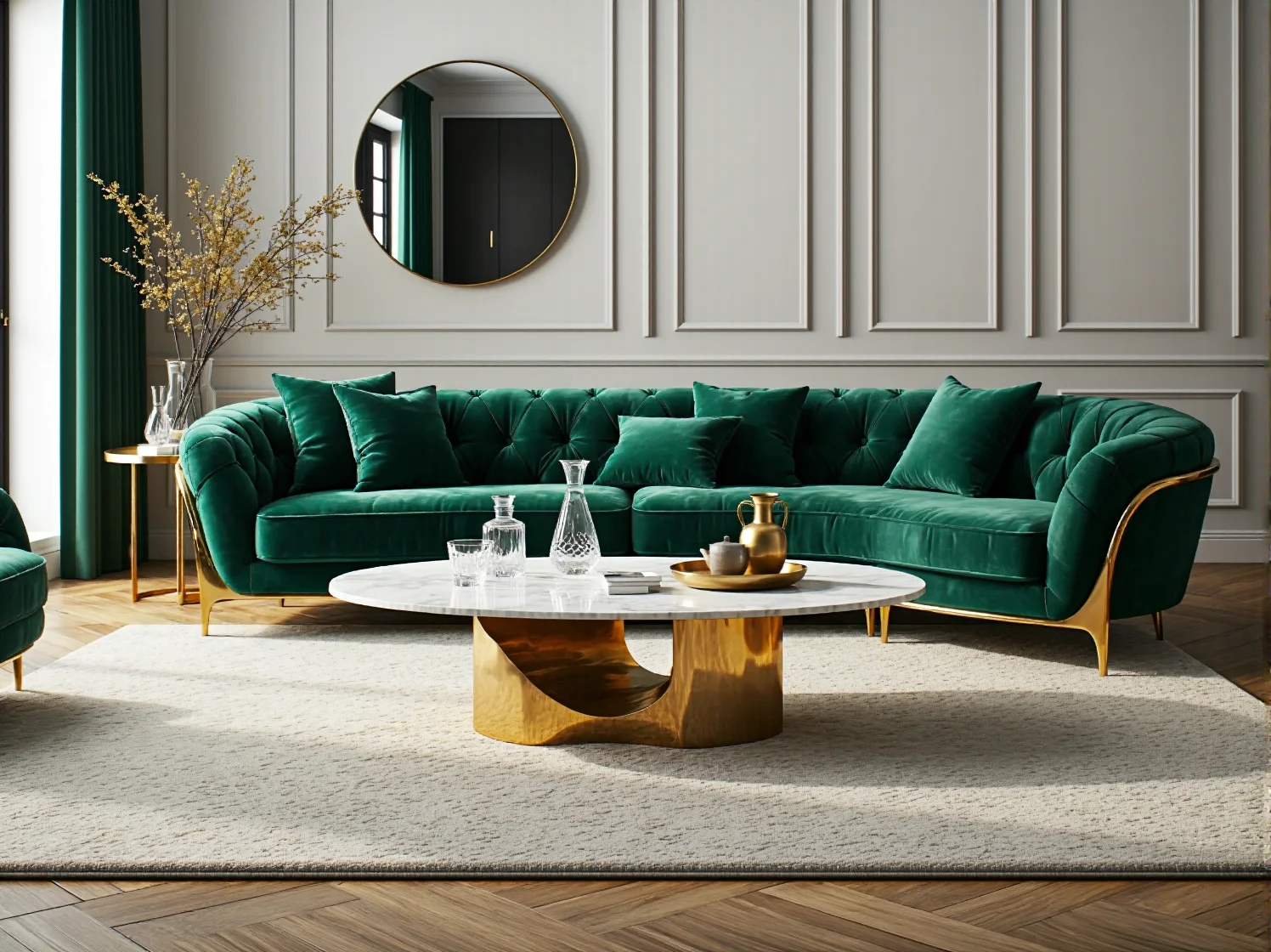 Elegancka sofa glamour szmaragdowa welurowa ze złotymi wykończeniami